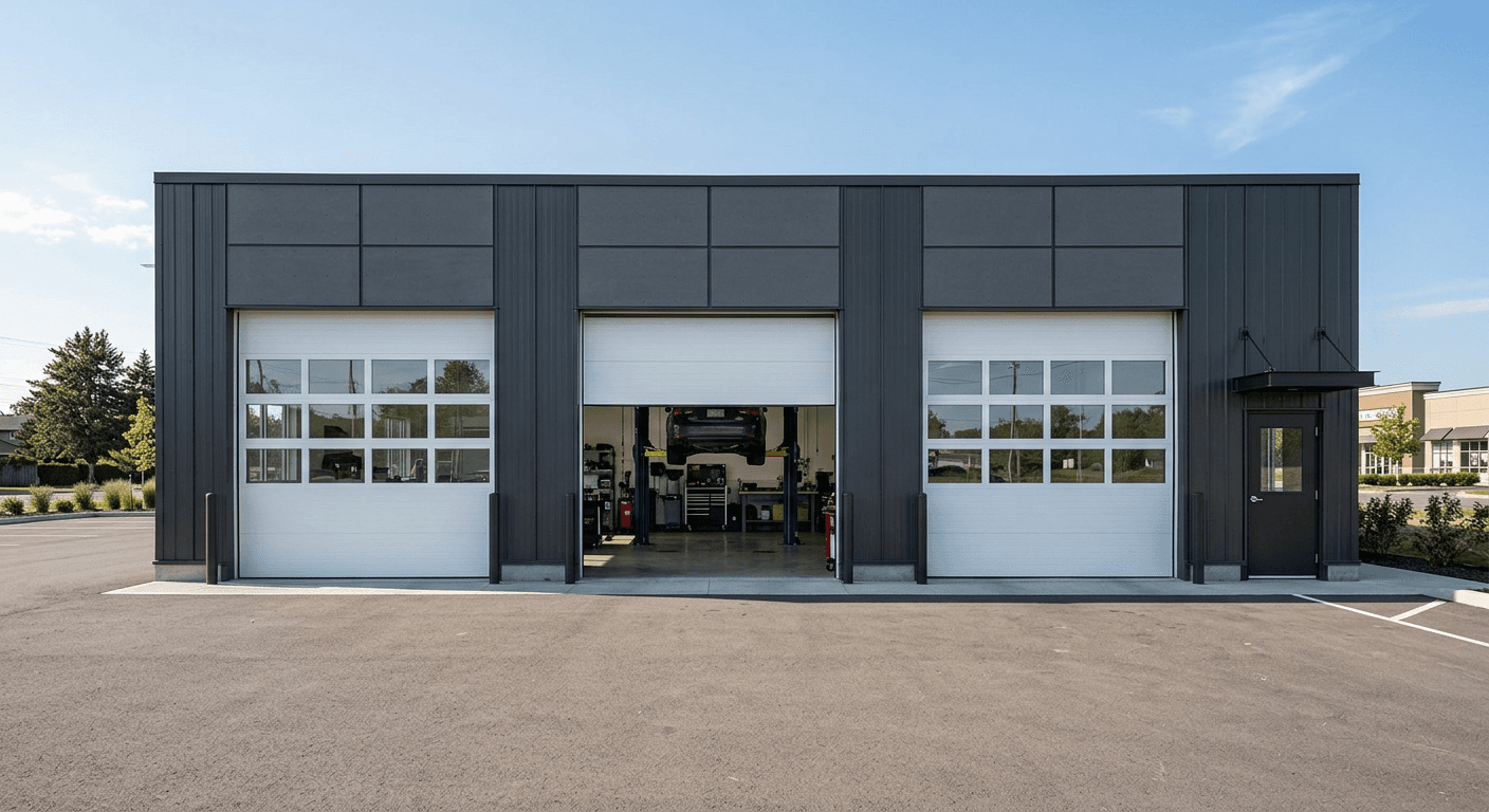 Commercial building with three white overhead garage doors at a service facility