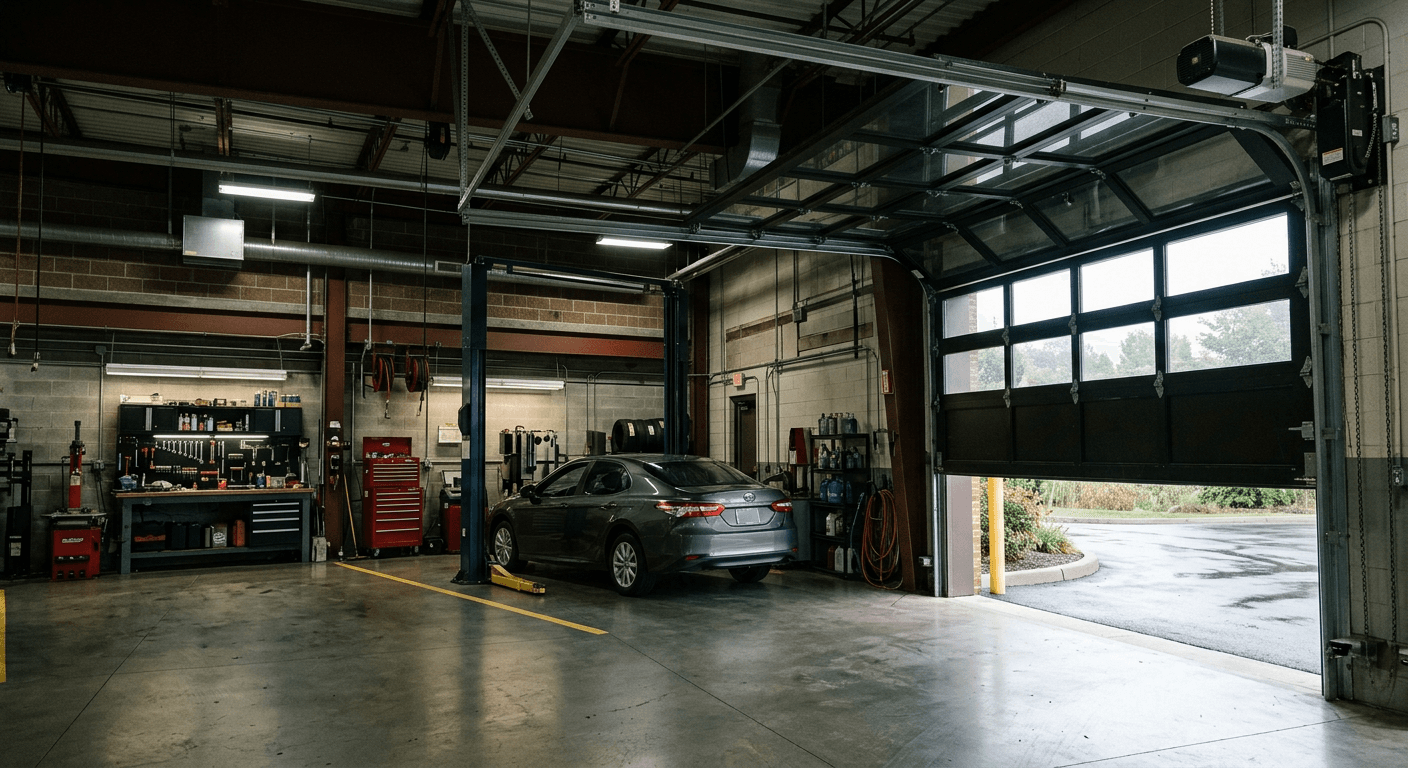Interior of a commercial service bay with overhead doors