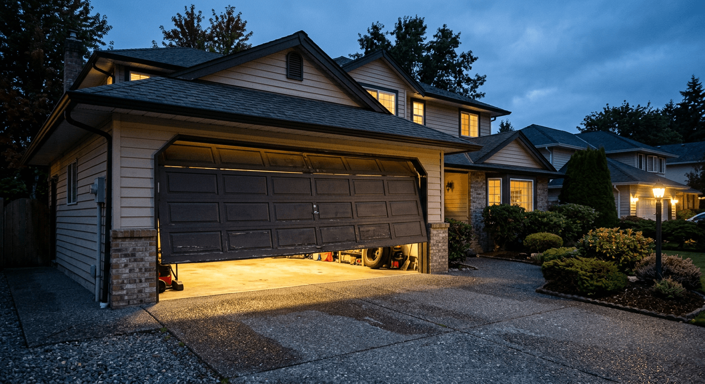 Residential garage door stuck partially open at dusk