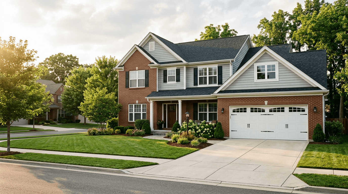 Brick two-story home in a Lexington-area neighborhood with a white double garage door