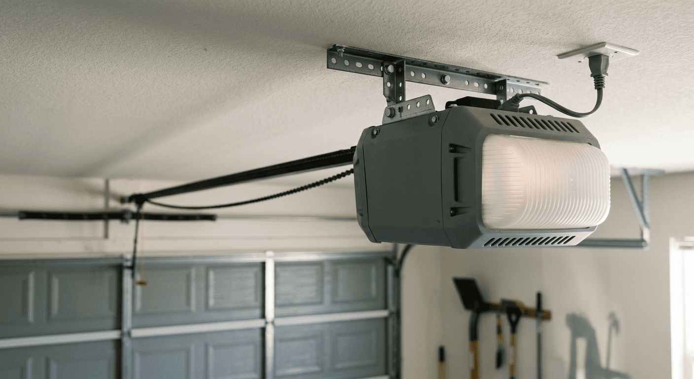 Garage door opener mounted on a garage ceiling