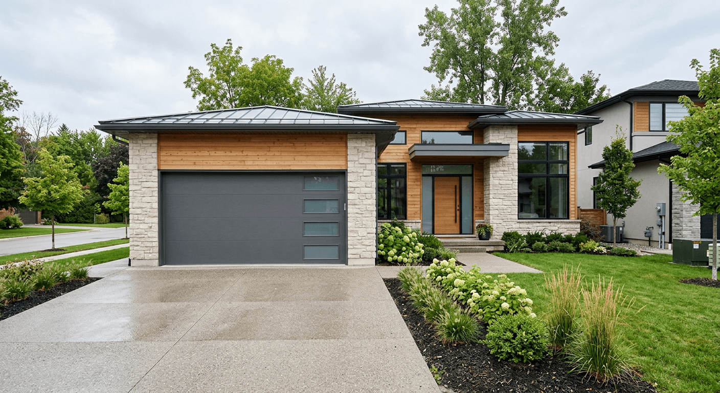 Modern charcoal garage door on a suburban home