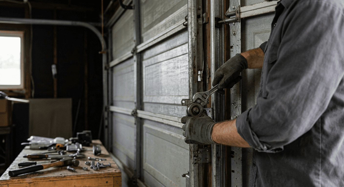Garage door technician servicing a residential garage door